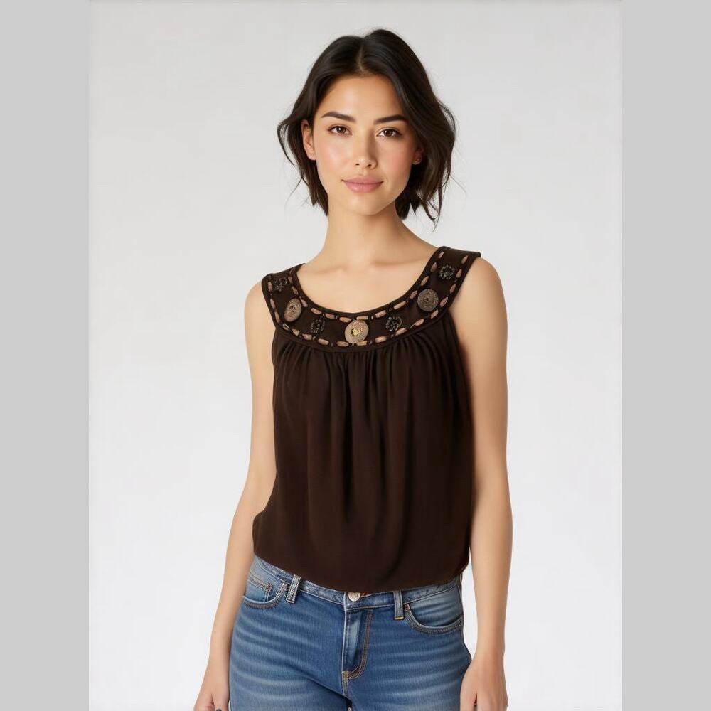 MICHAEL by MICHAEL KORS Brown Beaded Tank Top Shirred Scoop Neck Band Hem M